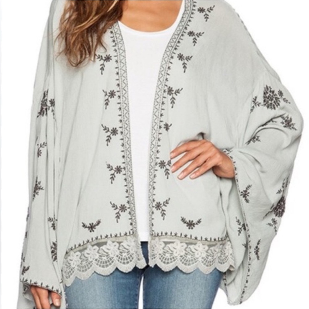 Free People Light Green/Blur Kimono with Navy Floral Embroidery